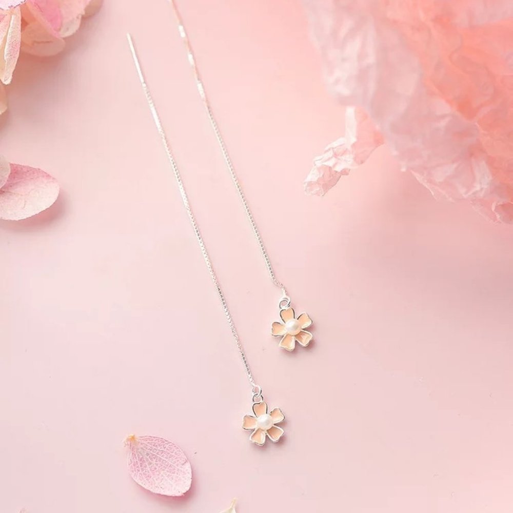 14k Gold Flower Long Chain Threader Earrings Sterling Silver - Picture 5 of 9